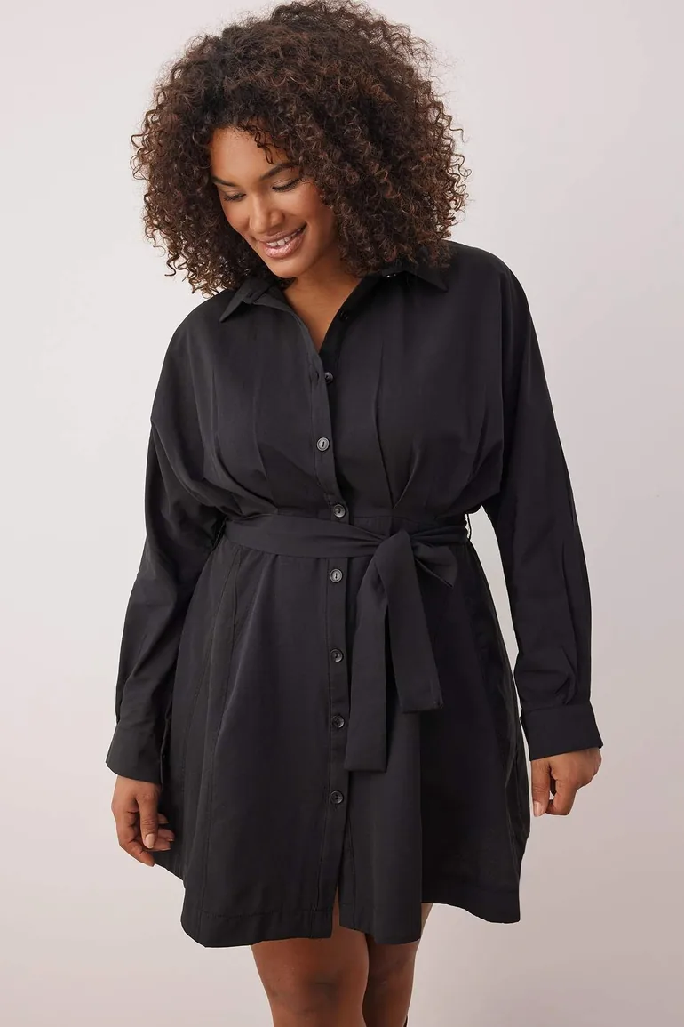Black Terrycotton Woven Plus Size Dress - 1