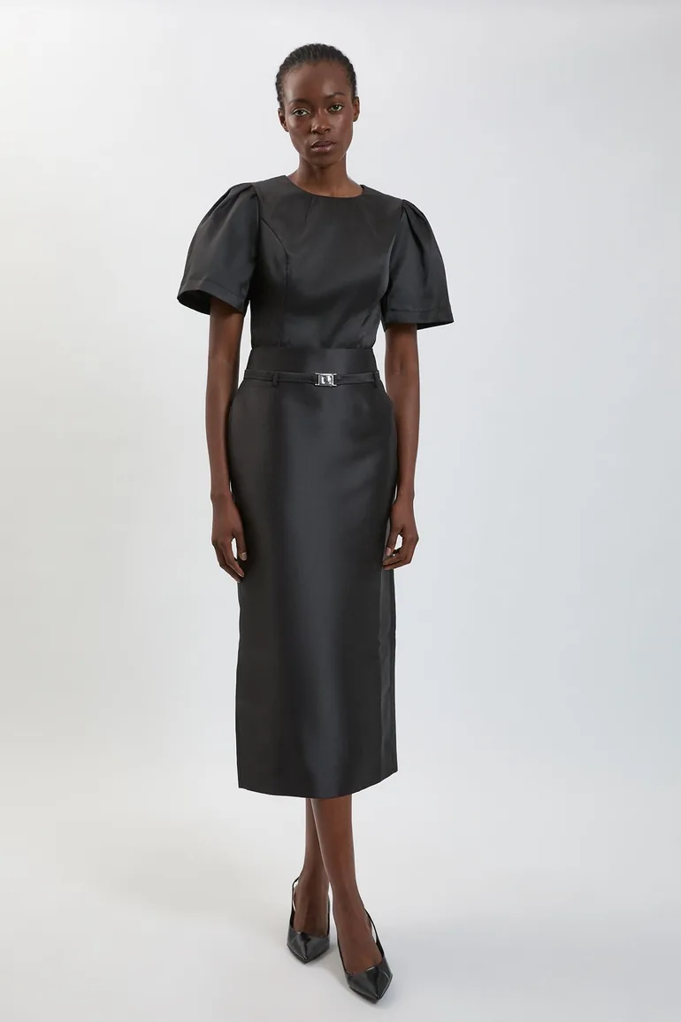 Satin Twill Belted Midi Skirt