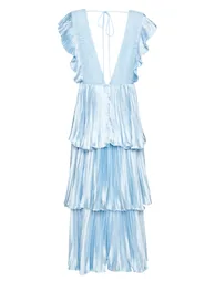 Beatrice Blue Satin Pleated Tiered Dress - 5