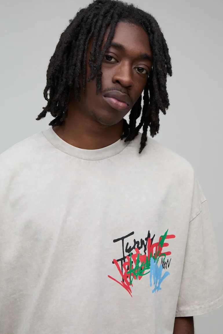 Oversized Acid Wash Graffiti Print T-shirt - ecru - 1