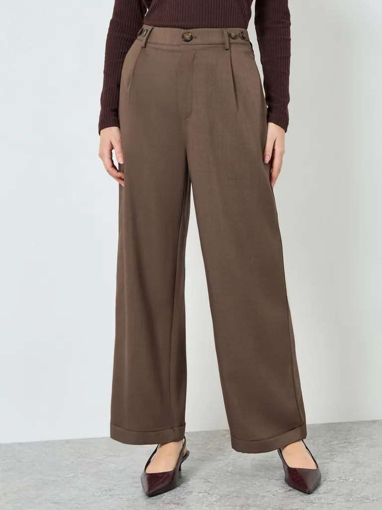 Brown Tapered Fit Pants with Buttons - 1
