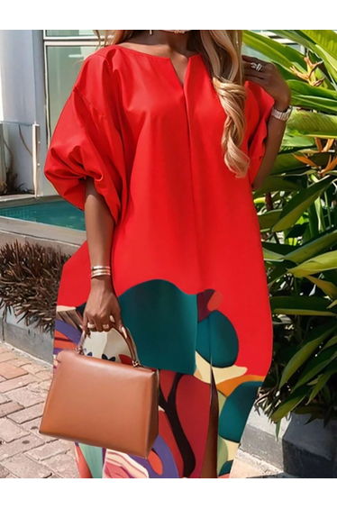Loose Puff Sleeves Elasticity Flower Print Split-Front Round-Neck Maxi Dresses product thumbnail 3