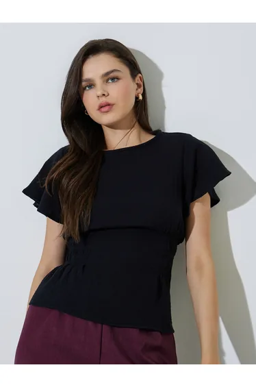 Black Flutter Sleeve Casual Blouse