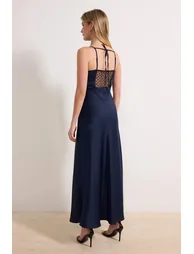 Navy Blue Plain Lace Detailed Woven Satin Midi Unlined Stylish/Evening Dress - 4