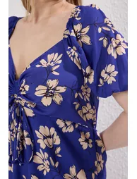 Blue Floral Patterned Woven Dress - 3