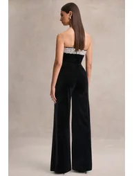 Emelie | Black Velvet Hand-Embellished Bandeau Jumpsuit - 1