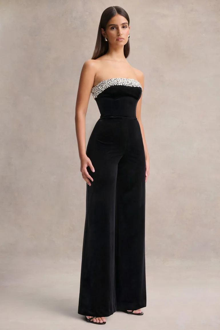 Emelie | Black Velvet Hand-Embellished Bandeau Jumpsuit - 3