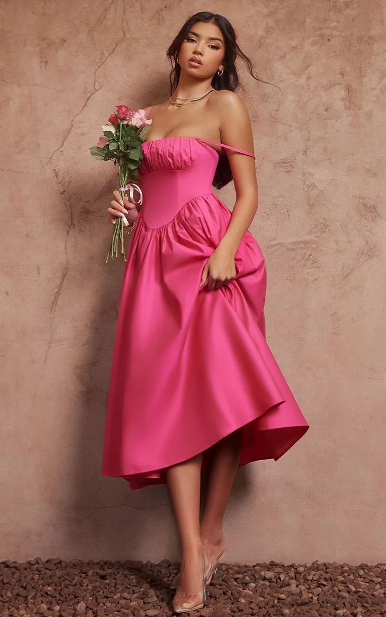 Hot Pink Ruched Bust Corset Strappy Dress - 5