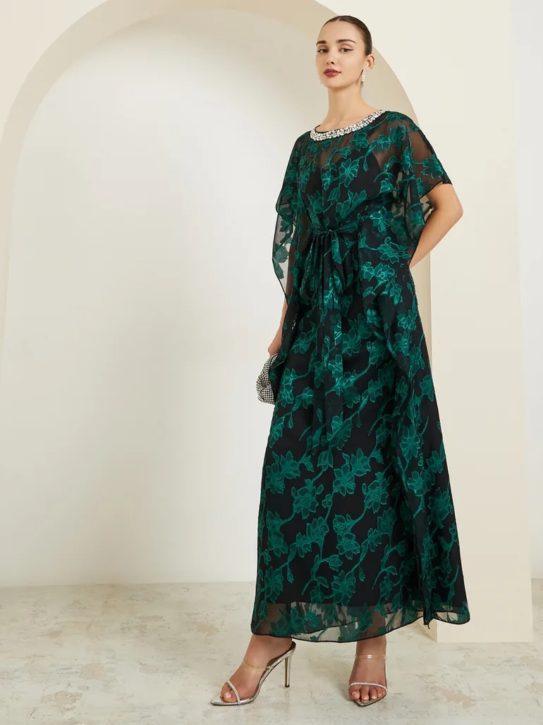 Green Embellished Jacquard Kaftan