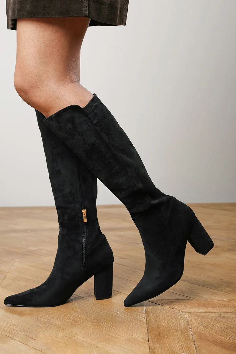Georgina Wide Fit Stretch Suede Knee High Pointed Boots In Black - 5