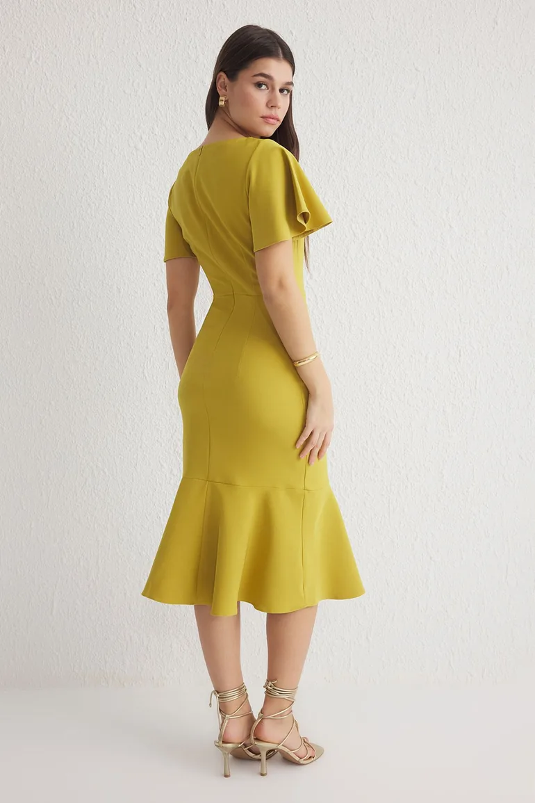 Oil Green Plain Midi Woven Dres - 1