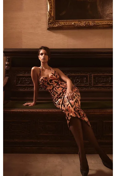 PLT Label Multi Leopard Printed Velvet Halterneck Midaxi Dress