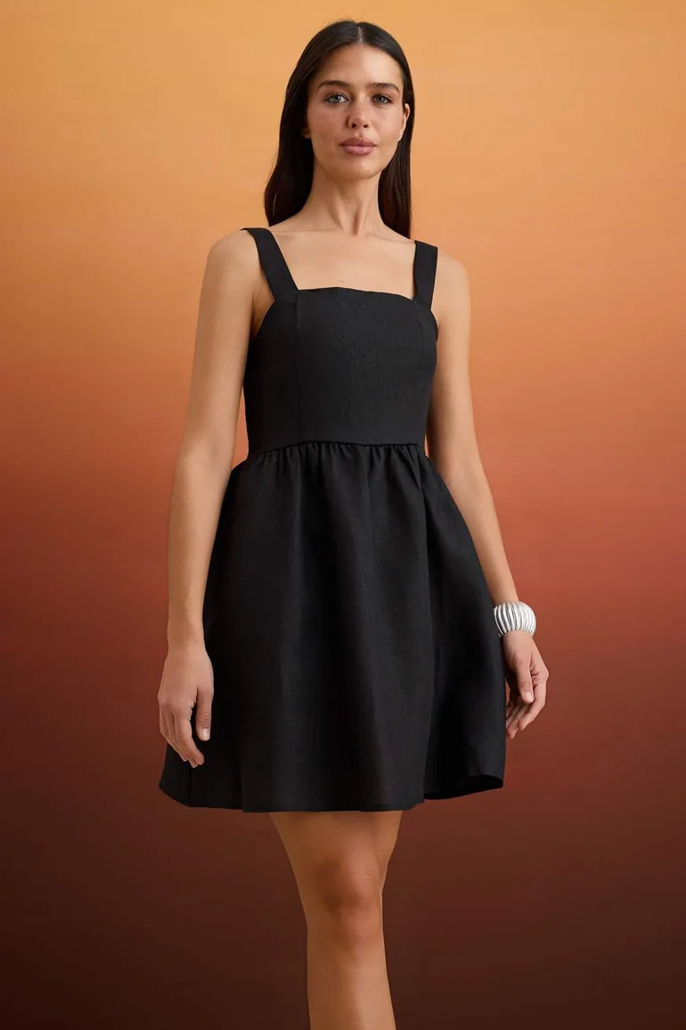 Black Plain 100% Linen Short / Mini Woven Dress - 3