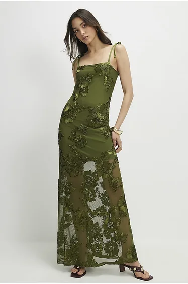 Khaki Sleeveless Cornelli Maxi Dress