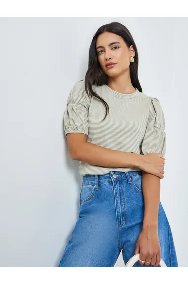 Grey Striped Knit Top with Puff Sleeves