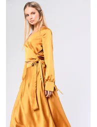 Glamorous Ochre Satin Wrap Long Sleeve Top - 2