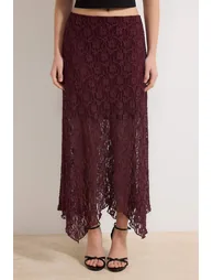 Plum Floral A-Line/A Bell Form Elastic Waist Regular Waist Maxi Lace Knitted Skirt - 3