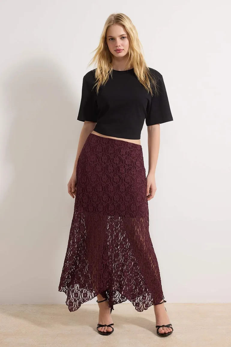 Plum Floral A-Line/A Bell Form Elastic Waist Regular Waist Maxi Lace Knitted Skirt - 1