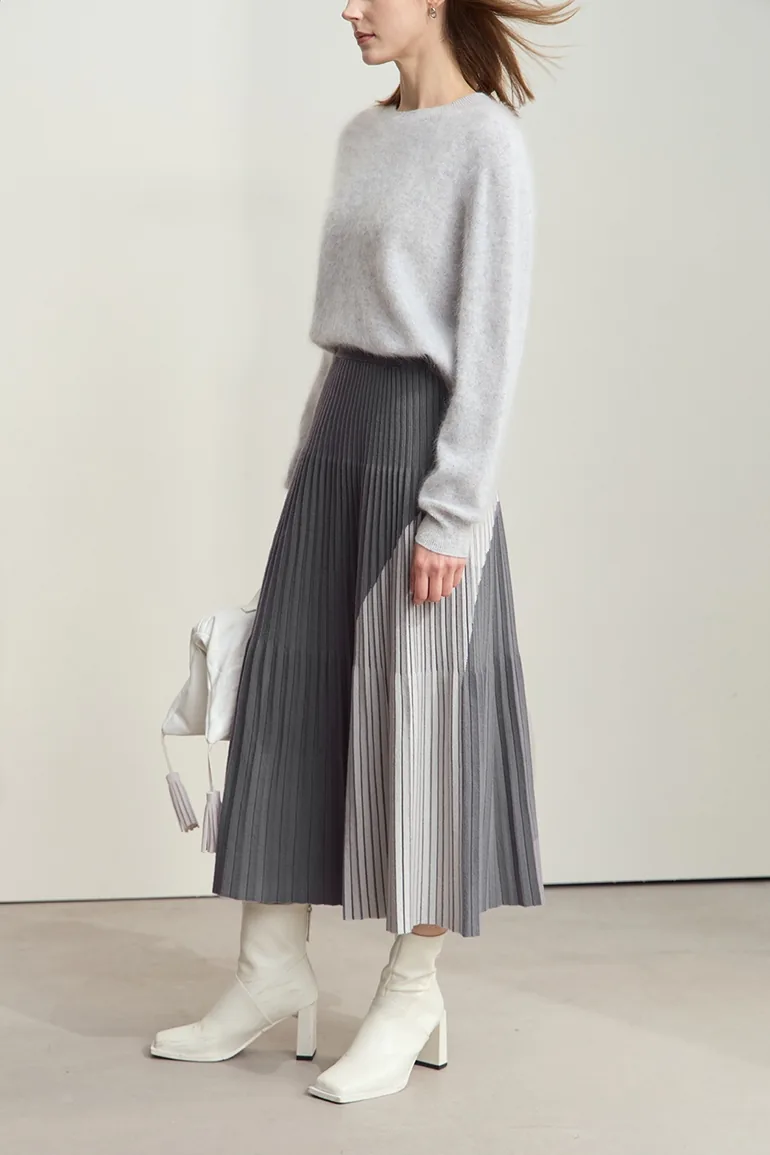 Color Block Pleated Midi Skirt