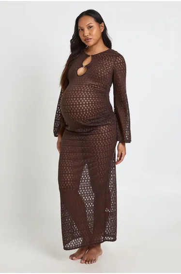 Maternity O-ring Detail Beach Dress - chocolate
