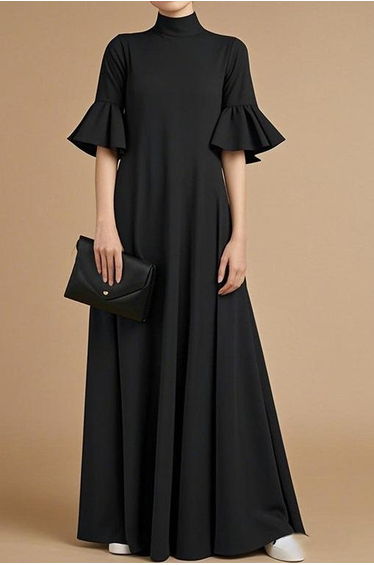 A-Line Flared Sleeves Pleated Solid Color Mock Neck Maxi Dresses product thumbnail 2