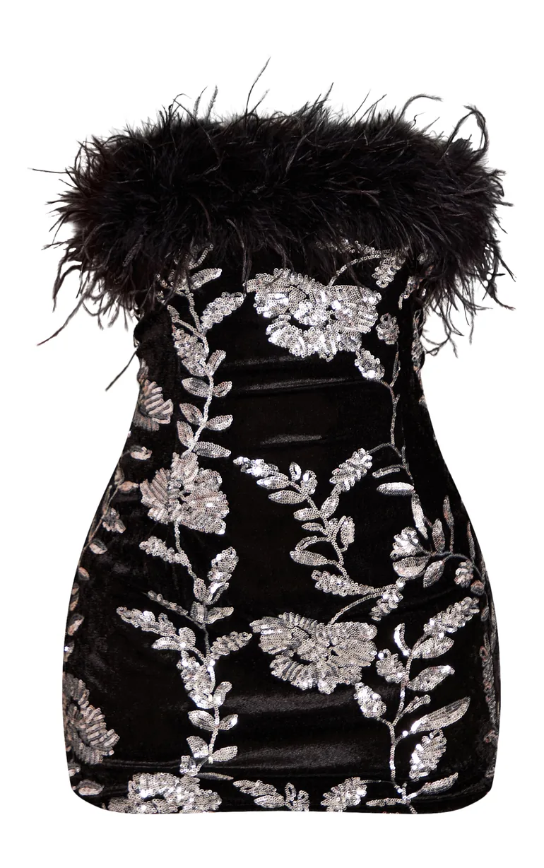 Petite Black Embellished Feather Detail Mini Dress - 4