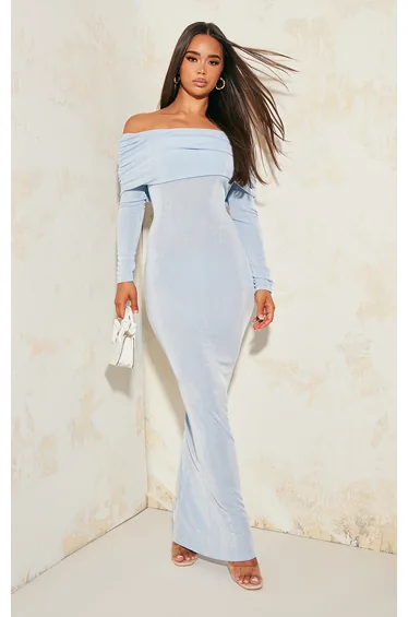 Light Blue Acetate Slinky Bardot Long Sleeve Maxi Dress
