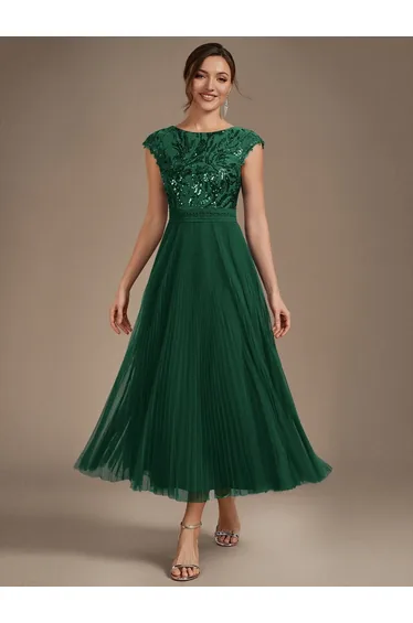 Cap-Sleeve Sequin Round-Neck A-Line Tea-Length Wedding Guest Dress