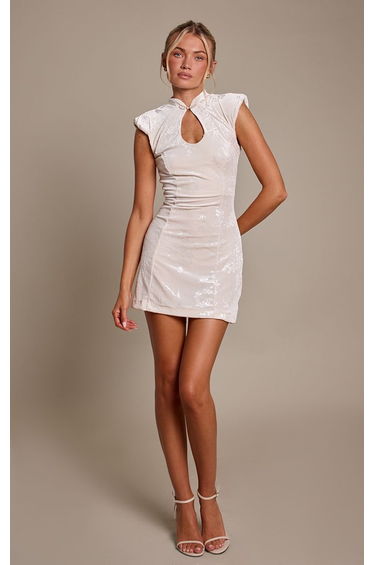 Cream Devore Velvet Cut Out Detail Shoulder Pad Bodycon Dress