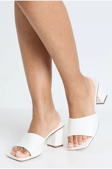 Low Block Heeled Mules - white