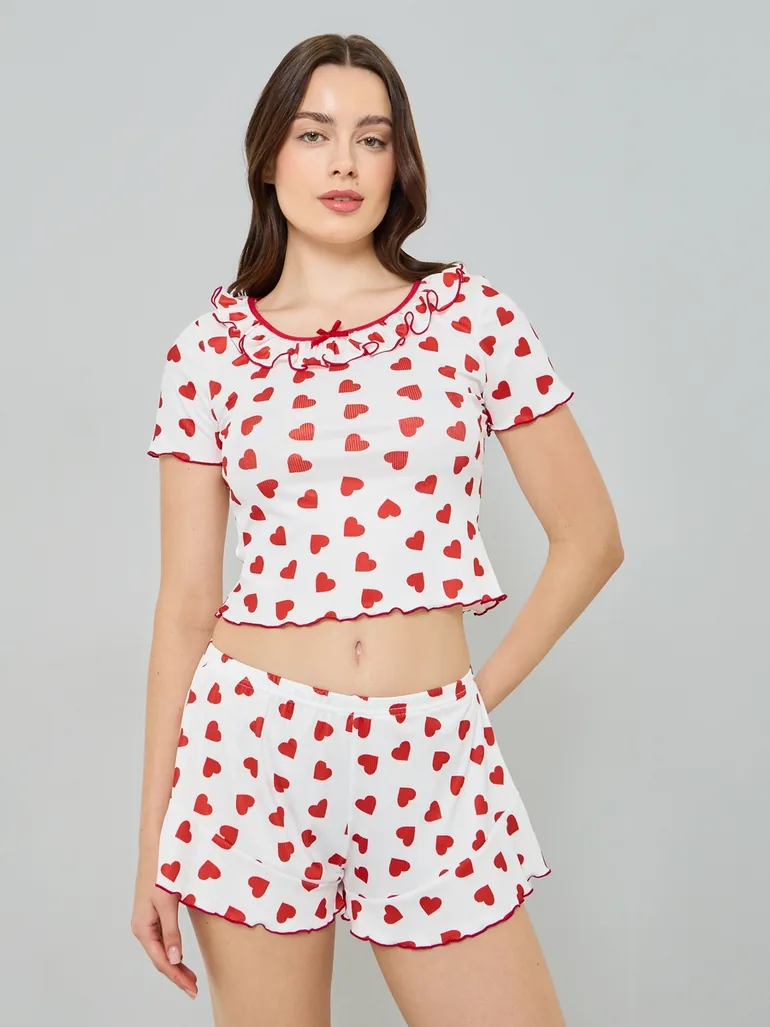 Heart Printed Crop T-Shirt and Shorts Pyjama Set - 2