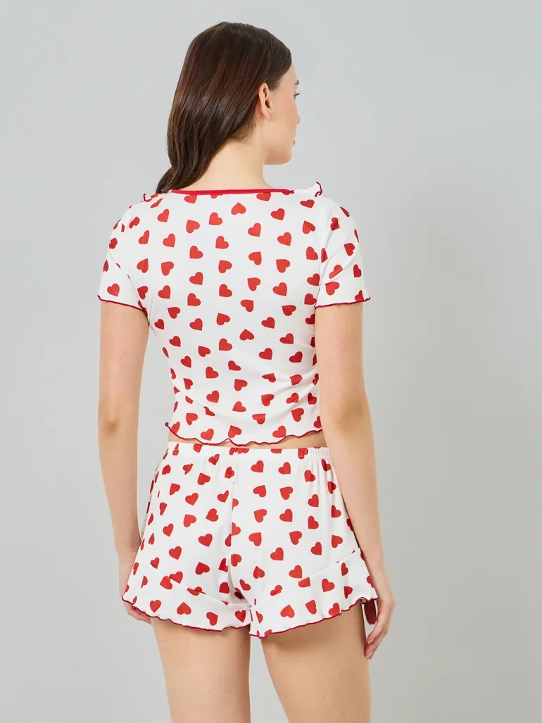 Heart Printed Crop T-Shirt and Shorts Pyjama Set - 4
