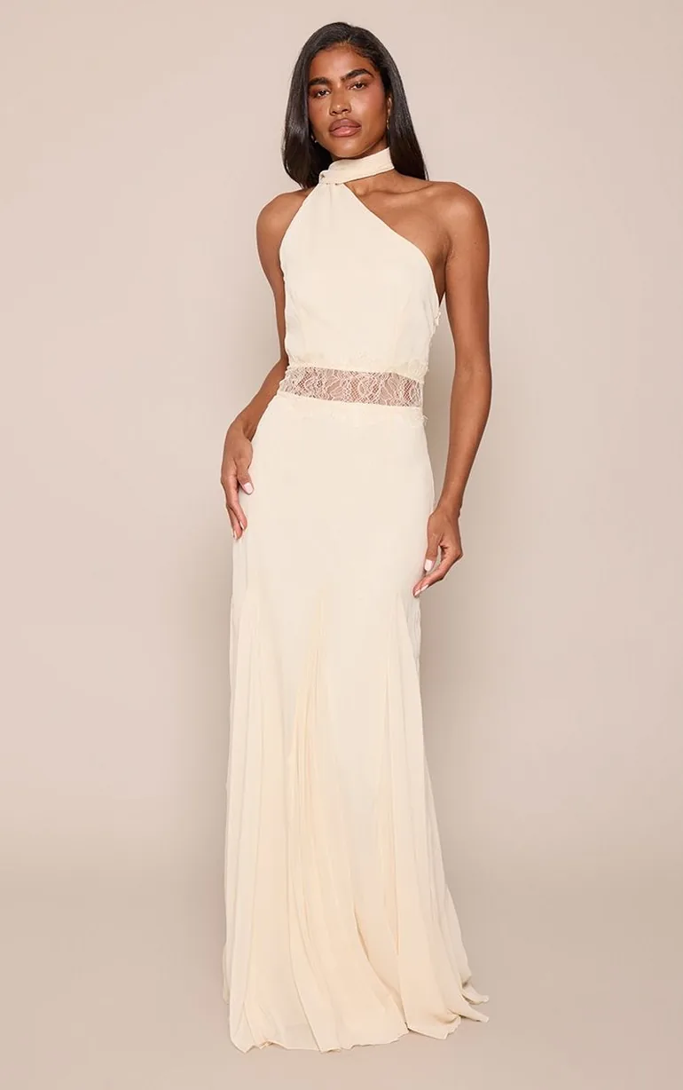 Lemon Woven Lace Detail Godet Maxi Dress