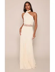 Lemon Woven Lace Detail Godet Maxi Dress