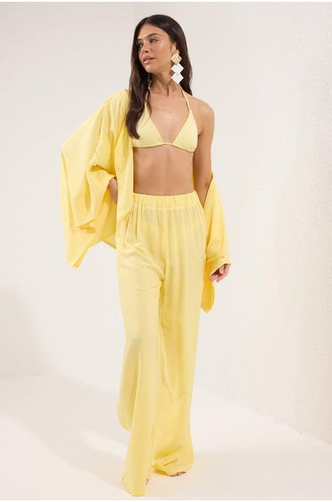 Yellow Woven Bat Sleeve Shirt Pants Beach Suit