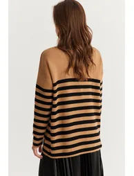 Women's Camel-Black Striped Knitwear Cardigan - 5