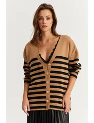 Women's Camel-Black Striped Knitwear Cardigan