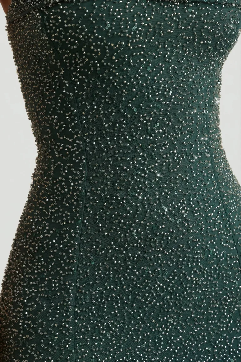 Embellished Strapless Cowl-Neck Maxi Dress in Emerald Green - 8