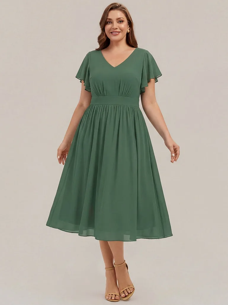 Plus Size Chiffon Ruffle Sleeve Wedding Guest Dress