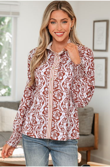 Lvness Floral Print Frilled Striped Trim Button Down Smocked Cuffs Long Sleeve Shirt