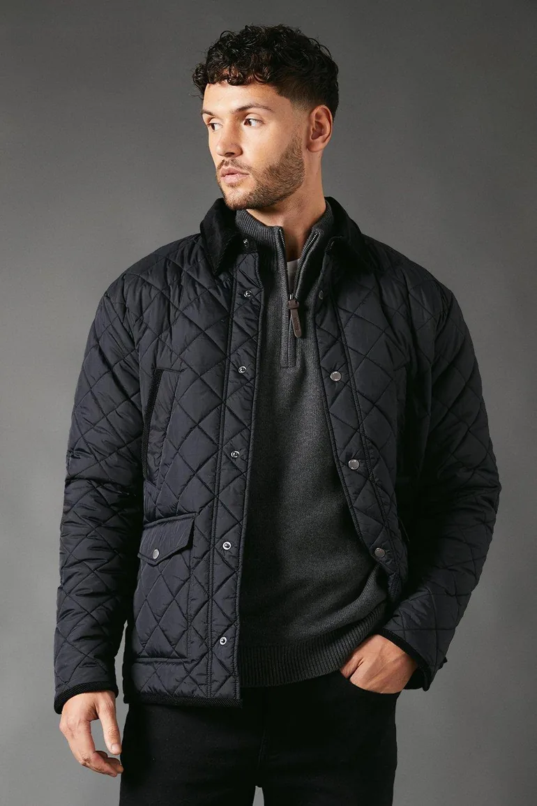 Cord Collar Diamond Quilted Jacket - black - 1
