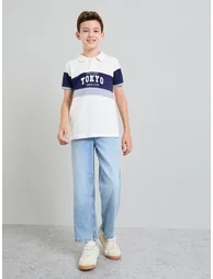 Boys Color Block Polo T-Shirt with Text Print