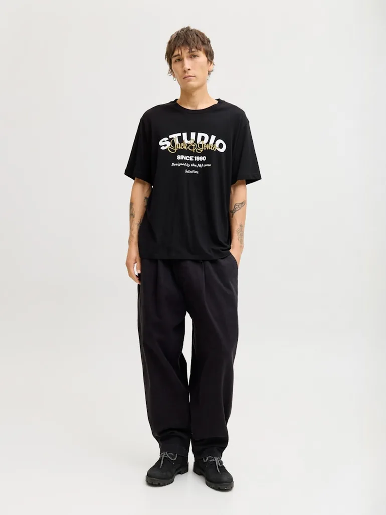 Black Relaxed Fit Text Print T-Shirt - 1
