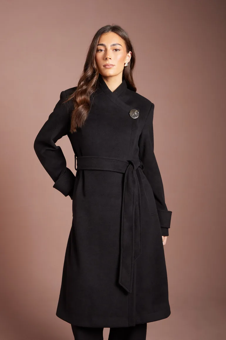 Asymmetric Wrap Wool Look Midi Coat