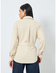Cream Long Sleeve Relaxed Fit Shirt with Belt - 4