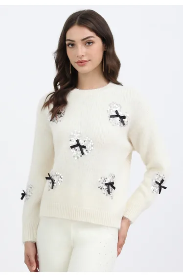 Heart Sequin Bowknot Embellished Knit Sweater in Ivory