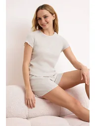 Beige Melange Ribbed Soft Knitted Pajama Set - 1