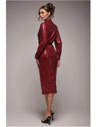 Sequin Front Split Shirt Dress - Wine by Goddiva - 1