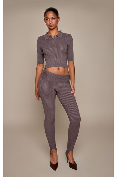 Grey Ribbed Knit High Waist Stirrup Leggings