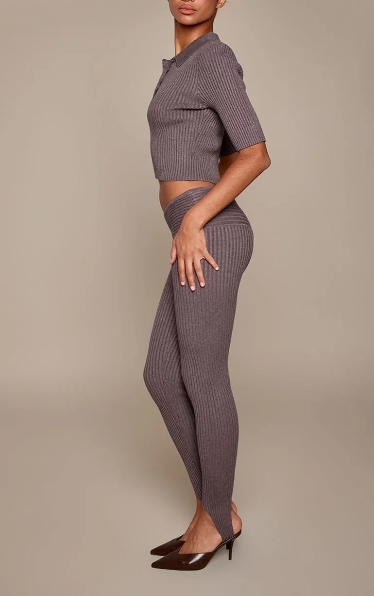 Grey Ribbed Knit High Waist Stirrup Leggings - 2